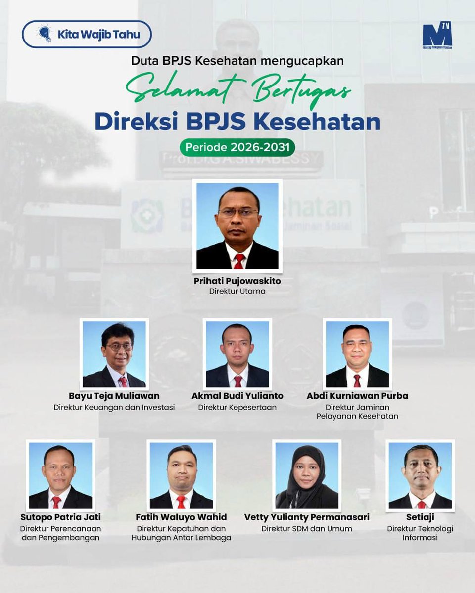 dosenkesmas's tweet photo. 🚨Resmi

Selamat Bertugas Direksi BPJS Kesehatan 
Periode 2026-2031 https://t.co/1MyhM5M217