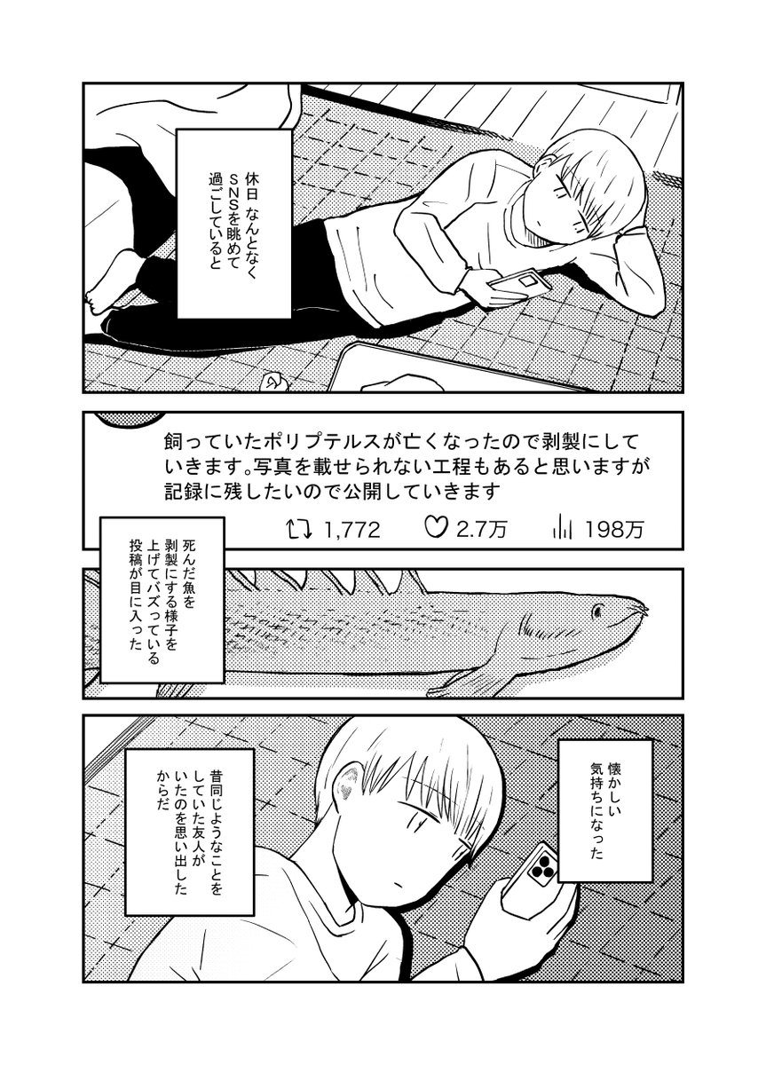 2/22コミティア155【え02a】
新刊『古代魚』A5/20p/300円
飼っていた魚が死ぬ度自分で剥製にしていた昔の友人を思い出し連絡を試みるという話です