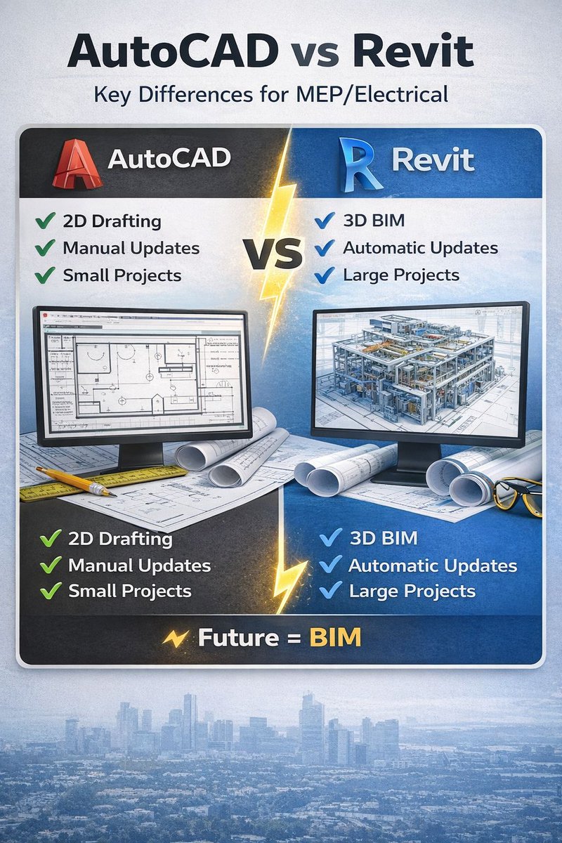 skyzonsgroup's tweet photo. 🔥 AutoCAD vs Revit – One of the biggest questions when entering the MEP/BIM field is: AutoCAD or Revit — which one should we focus on? #Skyzons, #CAD, #BIM, #Solar, #Outsourcing, #5S, #Kaizen, #SixSigma, skyzonsgroup@gmail.com, https://t.co/xmVBztLK7j https://t.co/OsrIQYqqJL