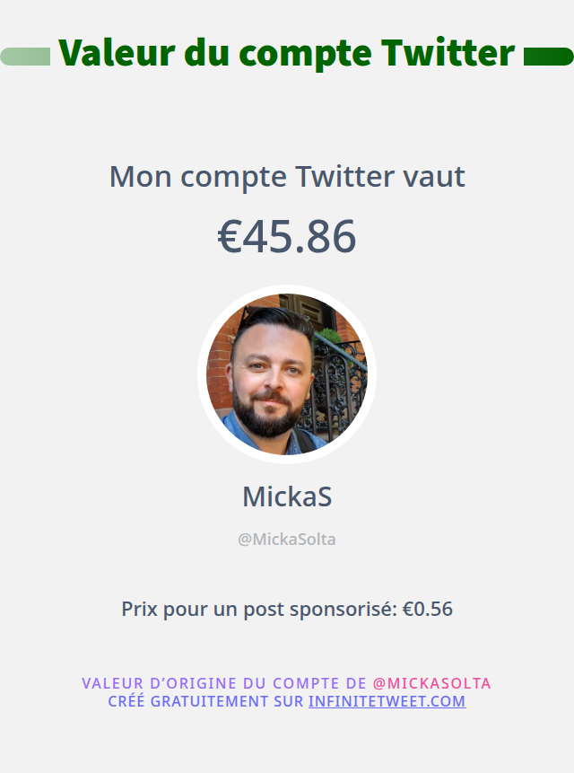 MickaSolta's tweet photo. Mon twitter vaut: €45.86

➡️ https://t.co/Yd1pUQbUbQ https://t.co/IqvU2zuDiR