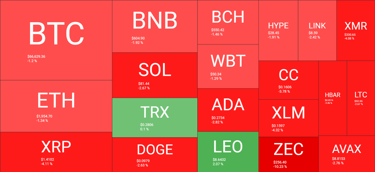 CriptoNoticias's tweet photo. El mercado de criptomonedas sigue inmerso en una etapa de debilidad marcada y consolidación en niveles bajos, con una volatilidad contenida pero un sentimiento que permanece negativo. 

Bitcoin cotiza alrededor de los 66.700 a 67.000 dólares en las últimas horas, mientras el sentimiento en el ecosistema de criptomonedas se mantiene en niveles de temor extremo, con el índice de miedo y codicia ubicado entre 8 y 11 puntos. 

Este indicador refleja una capitulación amplia, con búsquedas en Google como “Bitcoin going to zero” alcanzando máximos históricos en Estados Unidos, lo que subraya la ansiedad minorista. 

Históricamente, lecturas tan bajas han coincidido con puntos de inflexión o al menos con oportunidades de acumulación a largo plazo 

📌 Ethereum (ETH) baja -1,34% hasta los USD 1.954.

📈 Las que más han subido: LEO (+2,07%) y TRX (+0,1%).

📉 Las que más han caído: ZEC (-10,23%) y XLM (-4,32%).