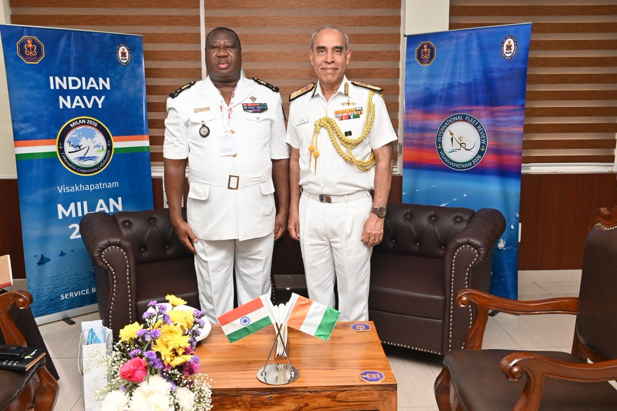 indiannavy's tweet photo. Advancing maritime engagement with partners from West Africa at #Visakhapatnam, VAdm Tarun Sobti, #DCNS, interacted with VAdm N'Guessan Kouame Celestin, Chief of Naval Staff, Côte d’Ivoire Navy. 
⚓ 🇮🇳 -🇨🇮

Discussions reflected a shared emphasis on training cooperation, alongside avenues for capability enhancement and professional exchange.

@EOIIvoryCoast 
#IFR2026_India #MILAN2026 #IndianNavy #UnitedThroughOcean