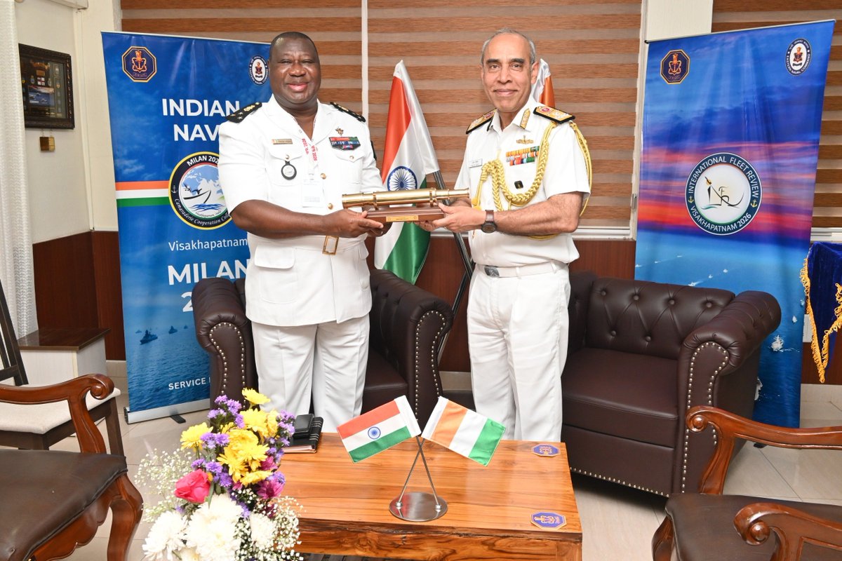 indiannavy's tweet photo. Advancing maritime engagement with partners from West Africa at #Visakhapatnam, VAdm Tarun Sobti, #DCNS, interacted with VAdm N'Guessan Kouame Celestin, Chief of Naval Staff, Côte d’Ivoire Navy. 
⚓ 🇮🇳 -🇨🇮

Discussions reflected a shared emphasis on training cooperation, alongside avenues for capability enhancement and professional exchange.

@EOIIvoryCoast 
#IFR2026_India #MILAN2026 #IndianNavy #UnitedThroughOcean