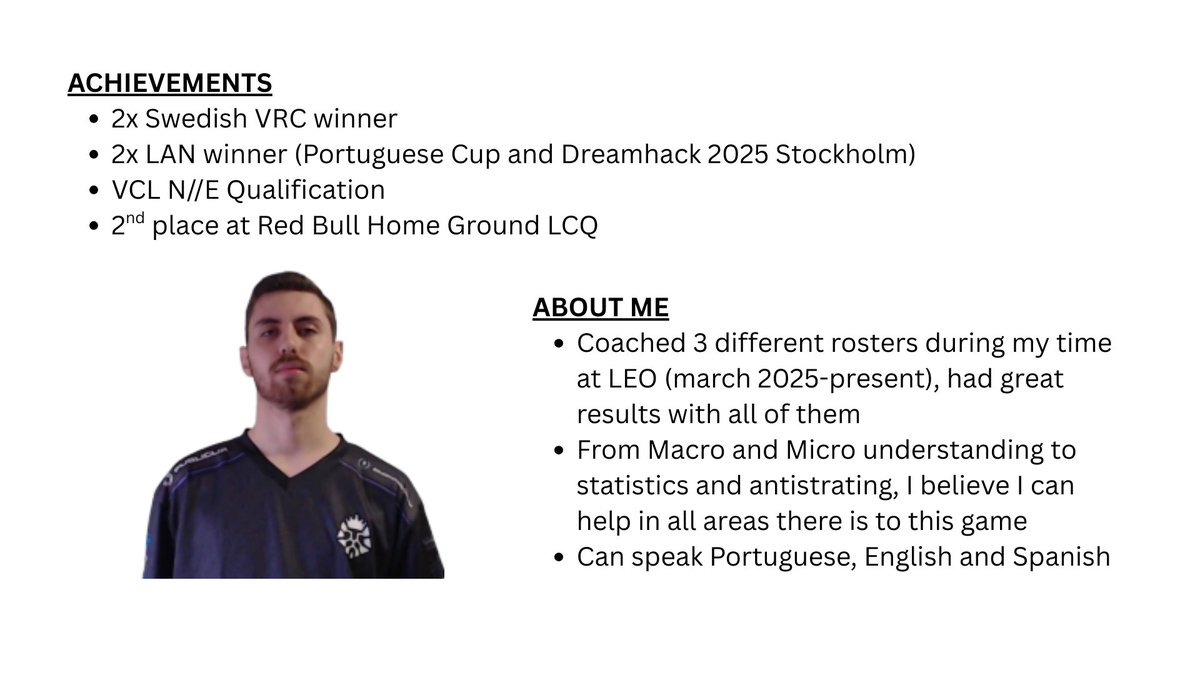 Carlos_Conde_01's tweet image. LFT VCT/VCL/GCC open to all regions as HC, AC or Analyst.

Full time availability, for work samples, trials, questions and more you can contact me here in DMs or through discord: carlos_01

References: @coachsenny @SnoggyVal @Madrix_Esport 

❤️+♻️ &amp;amp; Vouches are all appreciated!