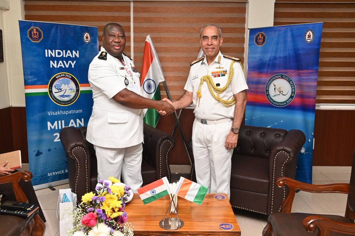 indiannavy's tweet photo. Advancing maritime engagement with partners from West Africa at #Visakhapatnam, VAdm Tarun Sobti, #DCNS, interacted with VAdm N'Guessan Kouame Celestin, Chief of Naval Staff, Côte d’Ivoire Navy. 
⚓ 🇮🇳 -🇨🇮

Discussions reflected a shared emphasis on training cooperation, alongside avenues for capability enhancement and professional exchange.

@EOIIvoryCoast 
#IFR2026_India #MILAN2026 #IndianNavy #UnitedThroughOcean
