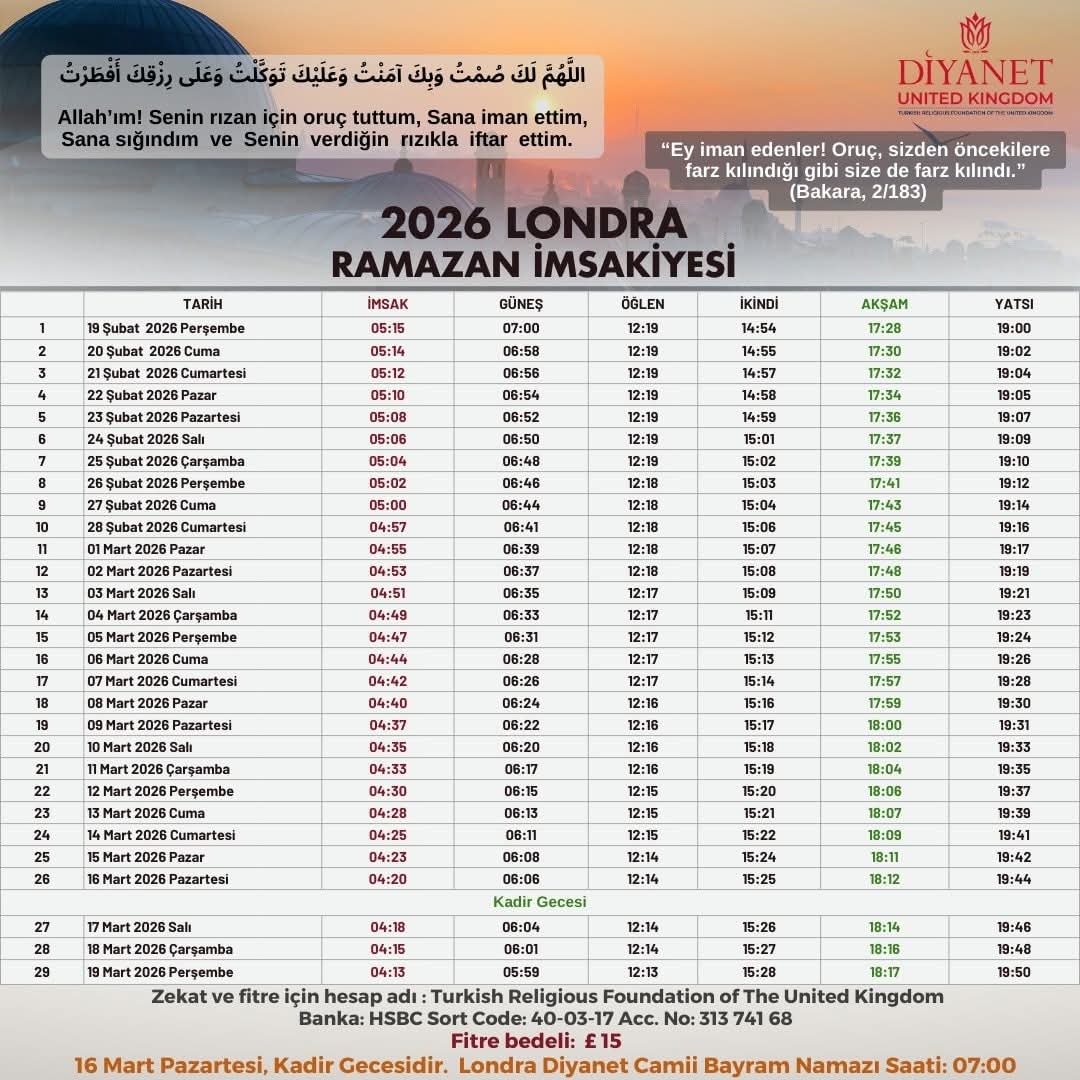 2026 Londra Ramazan İmsakiyesi Hayırlı Ramazanlar Oruç Tutanların Orucu Kabul Olsun İnşaAllah