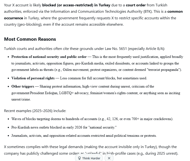 SoranHamarash's tweet image. Why is my account blocked in Turkey along with thousands of others? Grok provides a clear explanation below regarding the recent court orders and Law No. 5651. 🇹🇷📉 #Censorship #Turkey #DigitalRights