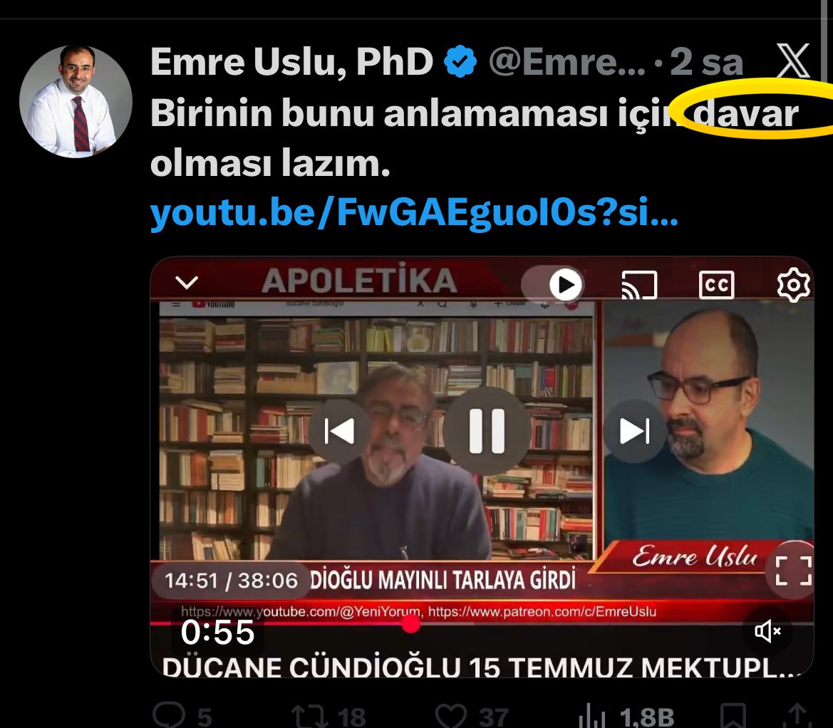 .<a href="/ducane/">dücane cündioğlu</a> ‘YE…1
-
Ağzını her açtığında hakikati değil hıncını konuşturan, cemaati bir arada tutacak sözü çoğaltmak yerine  kamplara bölen, kendi öfkesini hizmet diye pazarlayan bir yankı odası Emre Uslu..
-