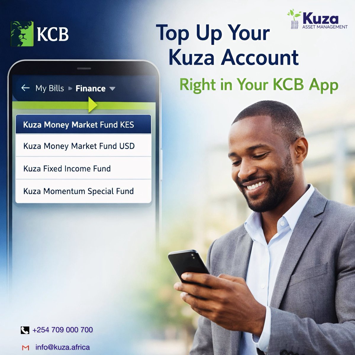 Kuza_Asset's tweet photo. We are excited to announce that Kuza is now integrated with the @KCBInKenya Mobile App.

KCB account holders can now top up their Kuza Unit Trust Fund accounts directly from the app, making investing simpler, faster and more convenient.

Simply go to My Bills → Finance and select the Kuza account you wish to top up to get started.

Invest smarter. Invest easier. Invest with Kuza.

#kuzaassetmanagement #investingmadeeasy