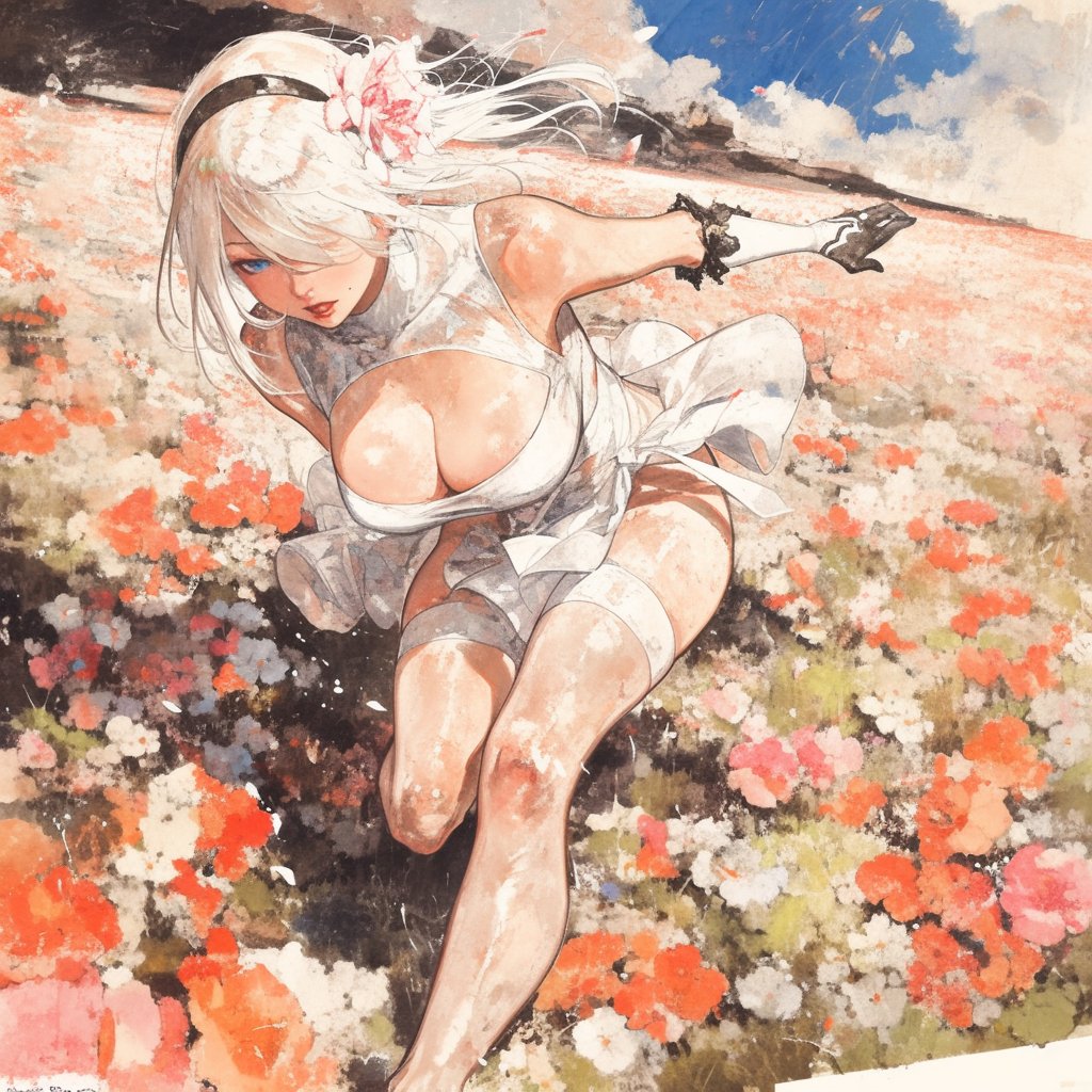 2B dashes through a sea of flowers. #NieRAutomata #NieR #2B #fanart