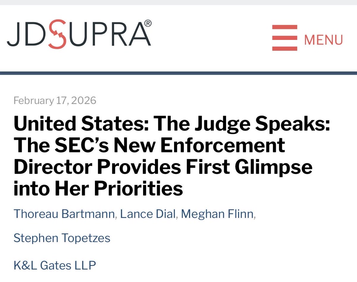 Let’s hope the new SEC Enforcement Director acts on her words 

“…She also highlighted that misconduct that undermines market integrity, like insider trading, wash trading, and market manipulation is also a priority….” 

jdsupra.com/legalnews/unit…