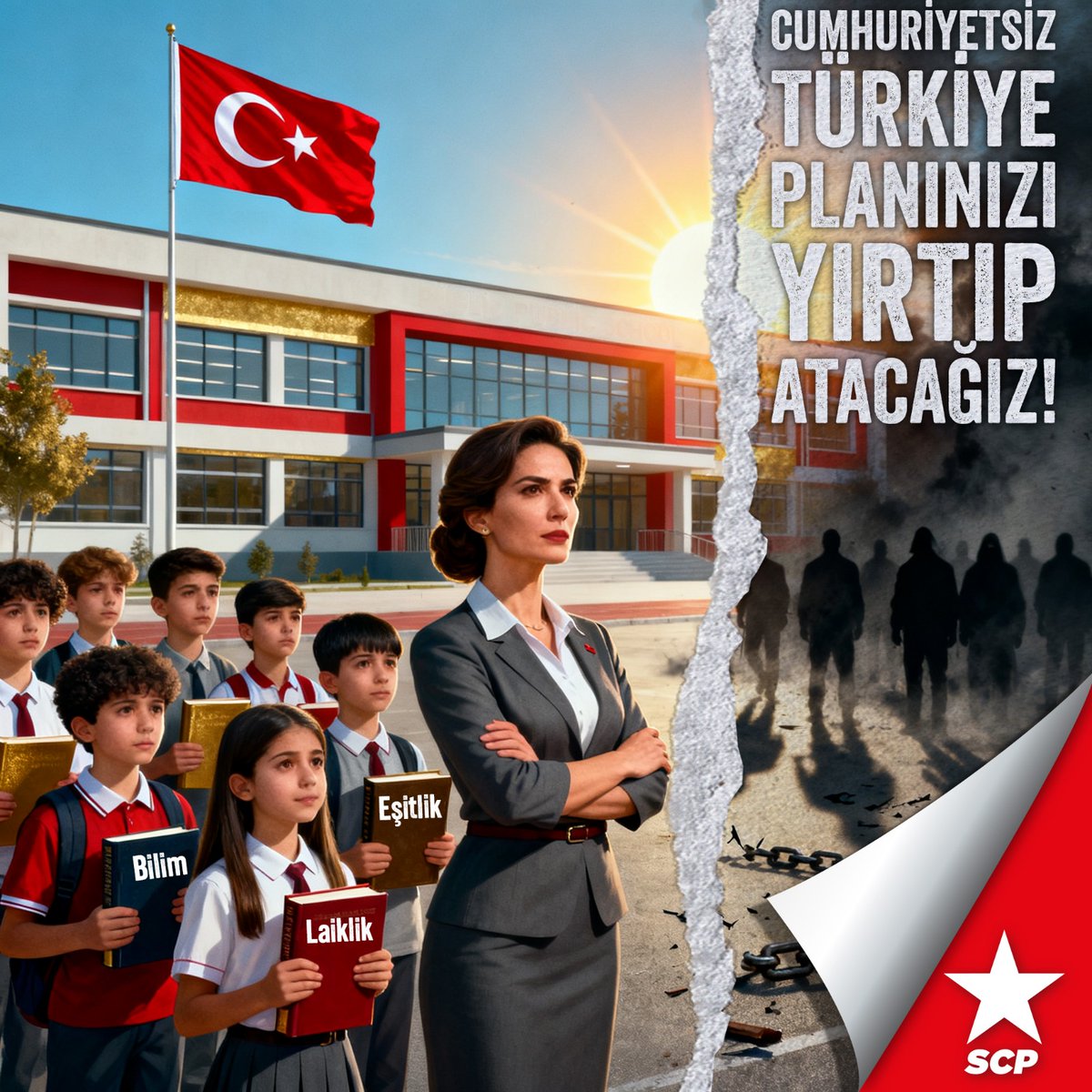 scpresmi's tweet photo. CUMHURİYETSİZ TÜRKİYE PLANINIZI YIRTIP ATACAĞIZ!

İktidarın tasarladığı amaç doğrultusunda hedefi netleşti. “Cumhuriyeti tasfiye etmek”, bunu çok iyi biliyoruz.
“Milli Dayanışma, Kardeşlik ve Demokrasi Komisyonu” raporu, Eğitim Bakanının talimatları, Adalet ve İçişleri Bakanları’nın göreve getirilişi adım adım değil koşar adımla yıkıcılık yolunda ilerlemenin açık göstergesidir.

Anayasanın ilk dört maddesinin değiştirilmesine,
Laik Türkiye Cumhuriyeti’nin bölünmesine,
Eğitimde tarikatçı, gerici, laiklik dışı anlayışa asla izin verilmeyecektir.

Gün geçmiyor ki MEB laiklik ilkesine ve bilimsel eğitime aykırı bir uygulamayı devreye sokmasın.
MEB adeta Diyanet işlevi görüyor. Onca sorun arasında Bakan Tekin bu kez de okullara talimat göndererek Ramazan boyunca her düzeyde bir dizi etkinliği gündeme getirdi.

Okullar farklı inanç gruplarından ve hatta inancı olmayan öğrencilerin bir arada bulunduğu kamusal alanlardır. Tek bir inanç çerçevesinde şekillendirmek yanlıştır. Laik Türkiye Cumhuriyeti’nde bu tür uygulamalar vahimdir, kabul edilemez.

1739 sayılı Millî Eğitim Temel Kanunu ve ilgili Sosyal Etkinlikler Yönetmeliği’nde, müfredatta yer almayan dini içerikli faaliyetlere açık bir izin yoktur. Bundan önce ÇEDES Projesi ile okullara din adamlarını, imamları sokan MEB bu kez de “Maarifin Kalbinde Ramazan” ile de bu sınır tanımaz gerici ve ayrımcı projesini gündeme getirdi.

Anaokullarından başlayarak ilkokul, ortaokul ve lise düzeyinde yapılacak etkinliklerde cami ziyaretleri, ailelerle birlikte toplantı ve iftar, sonunda anketler, lise düzeyinde sözde uzmanlarla iftar sohbetleri, günlük tutma vs. çeşitli uygulamaların yer aldığı etkinlikler öğrencilere adeta dayatıldı.

Yapılacak etkinliklerin içeriği de endişe vericidir. Türkiye şeriatla yönetilmiyor, yönetilemez de.

Milli kültür, medeniyet ve hukuk düzeni içinde onurlu bir hayat sürdürme öğretisinin öğrencilere aşılanması kılıfı ile hareket edenler bu hayallerinden vazgeçmelidirler. Dernek adı altında ve MEB ile protokoller imzalayarak okullara sızan tarikatlar için yeni bir proje ortaya sürülmektedir ve biz bu gericilik hareketlerini MEB’in benzer etkinliklerinde olduğu gibi Cumhuriyet düşmanlığı olarak görüyoruz.

Laik eğitim, her inanç grubuna ait öğrencinin eşit eğitim hizmetini, hiçbir ayrımcılık ve dayatmaya maruz kalmadan almasıdır. Anayasa’ya göre hiçbir yurttaş dini dayatmalara mecbur bırakılamaz ve Milli Eğitim Temel Kanunu’na göre Türkiye Cumhuriyeti’nde eğitim, laikliğe uygun olarak verilir. Yani Ramazan etkinlikleri için “hukuk düzeni” vurgusu yapan Bakan Tekin’in önce kendisinin hukuku öğrenmesi ve uygulaması gerekmektedir.