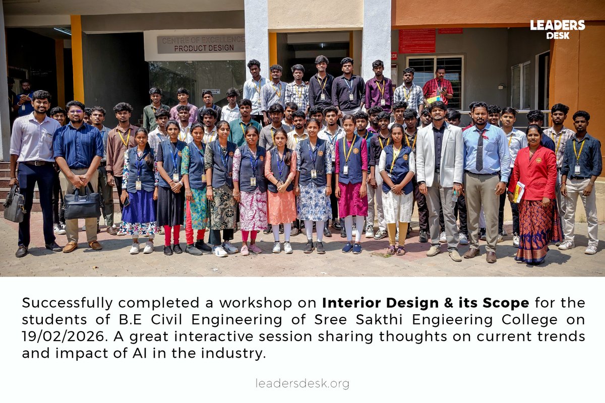 LeadersDesk's tweet photo. Completed a workshop on Interior Design &amp; Its Scope for B.E Civil Engineering students at Sree Sakthi Engineering College.
Thank you to the Principal &amp; Placement Director for the opportunity!

#Workshop #CivilEngineering #LeadersDesk https://t.co/NjILhT7n70