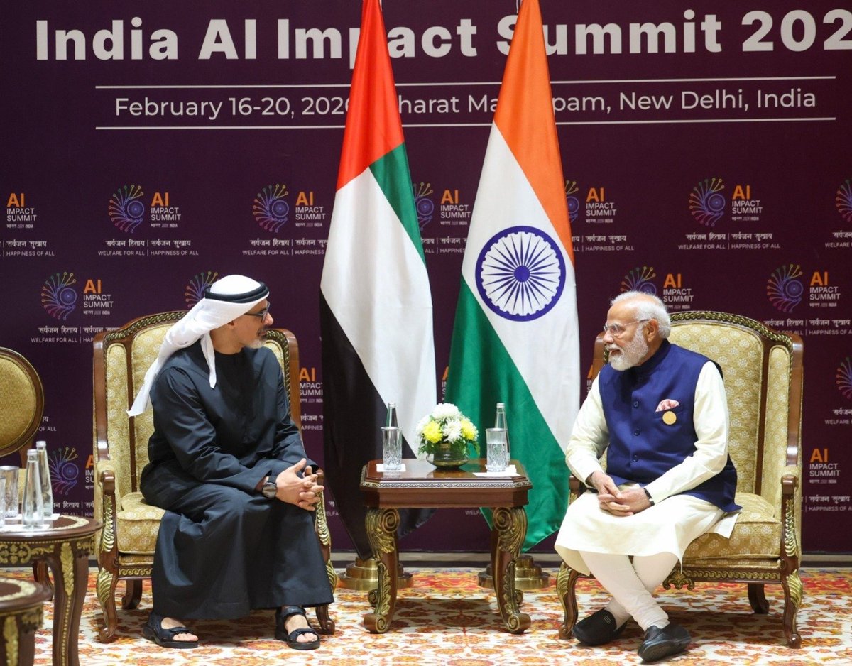 Had a fruitful discussion with His Highness Sheikh Khaled bin Mohamed bin Zayed Al Nahyan, Crown Prince of Abu Dhabi on the sidelines of the AI Impact Summit in Delhi. We talked about boosting cooperation in futuristic sectors such as AI, supercomputers, investing in data centres