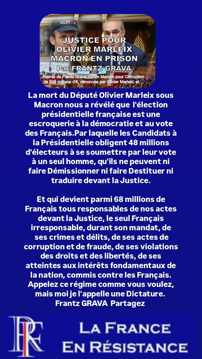 La mort d'Olivier Marleix sous Macron nous a révélé que l'élection présidentielle française est une escroquerie à la démocratie et au vote des Français. #Macron #OlivierMarleix #presidentielle2026 #lafranceenresistance #FrantzGrava Partagez