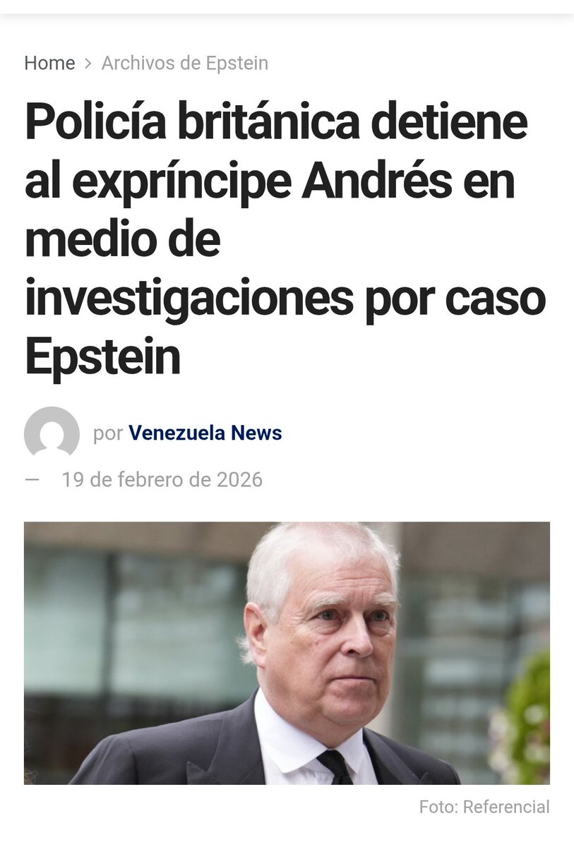 Juddeimyro66174's tweet photo. Policía británica detiene al expríncipe Andrés en medio de investigaciones por caso Epstein
#ÚltimoMinuto #epstein #britania #principe #policia https://t.co/CQXJTBmk8g