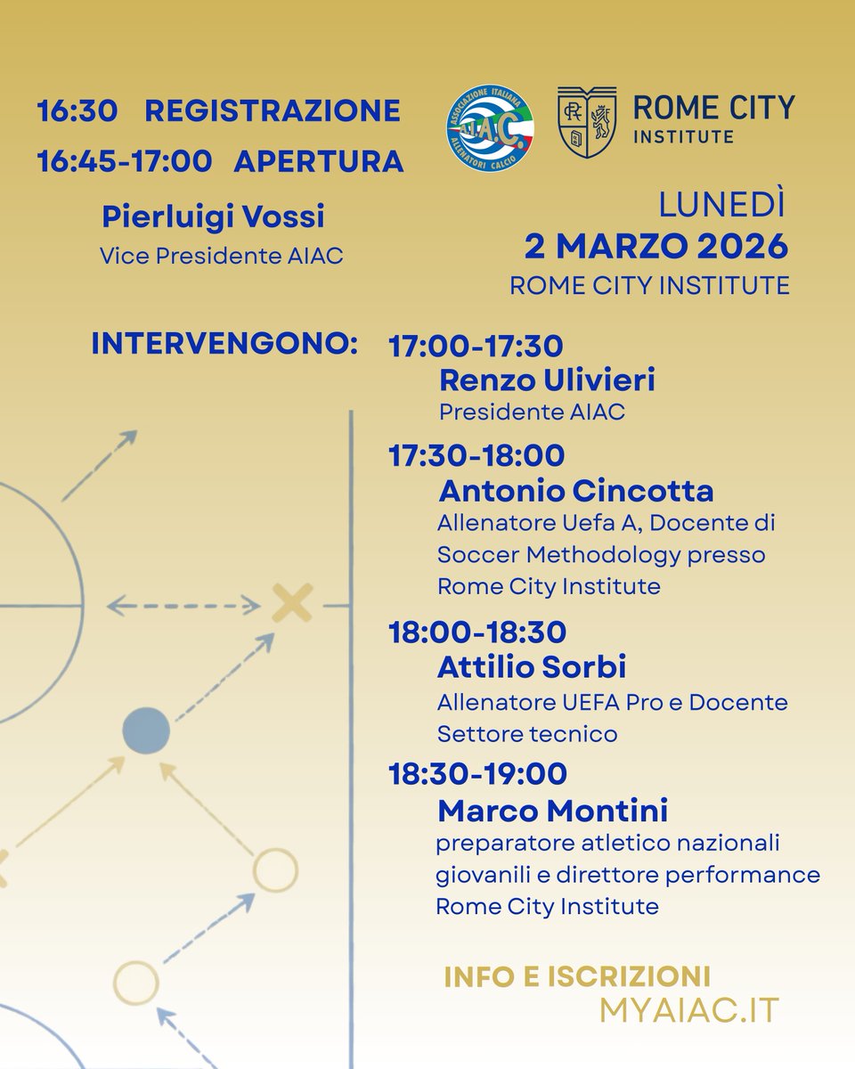 AIAC Nazionale | AIAC Lazio
📍 <a href="/RomeCityInst/">Rome City Institute</a>  | 2 marzo 2026
Focus tecnico su “Il sistema di gioco uomo su uomo” per Prime Squadre e Settore Giovanile Agonistico.
Con Renzo Ulivieri, Attilio Sorbi, Antonio Cincotta e staff tecnico AIAC. Iscrizioni 👉 myaiac.it