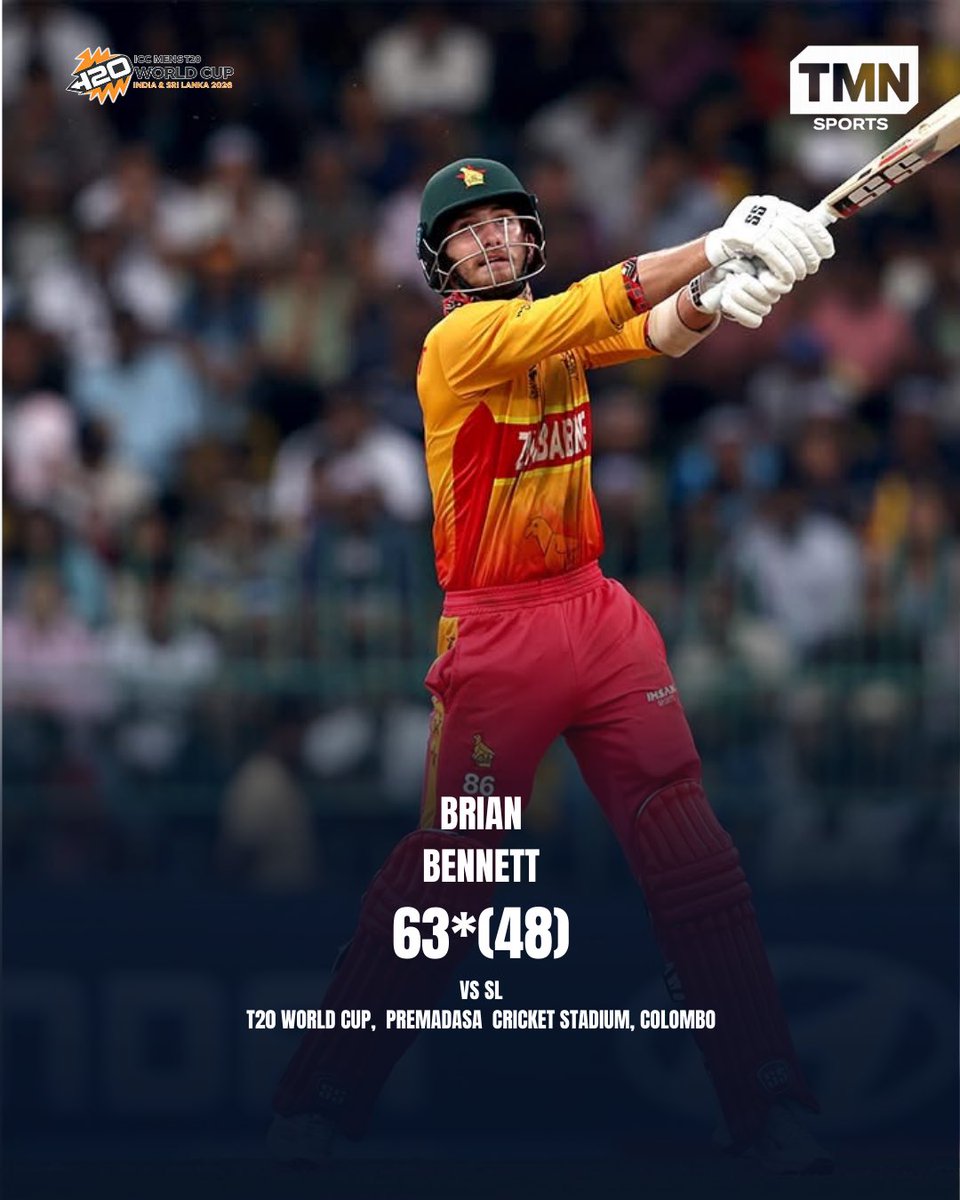 TMNSportsLive's tweet photo. Can Anyone Stop Brian Bennett? 🔥 Zimbabwe Star Runs Riot at the T20 World Cup
#T20WorldCup2026 #ZimbabweCricket #ZIMvSL #BrianBennett #TMNSports https://t.co/Sxdjb9endK
