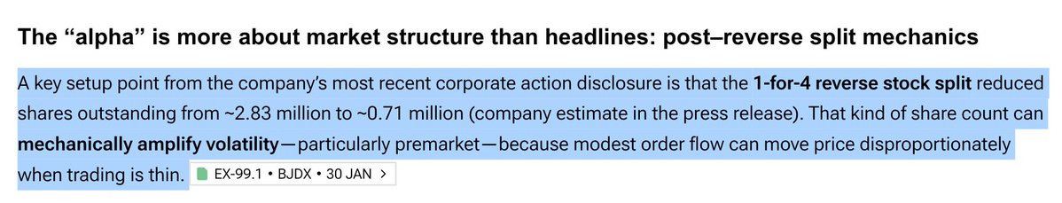 Alphanalyst's tweet image. $BJDX: No fundamental catalyst for premarket drop despite 6% dip on Feb 18 amid 772K shares traded. SYMON II enrolls 545 patients toward 750 target; manufacturing scale-up advances. 

Post 1-for-4 reverse split float down to ~708K shares; large 9.99% passive holder. Price moves