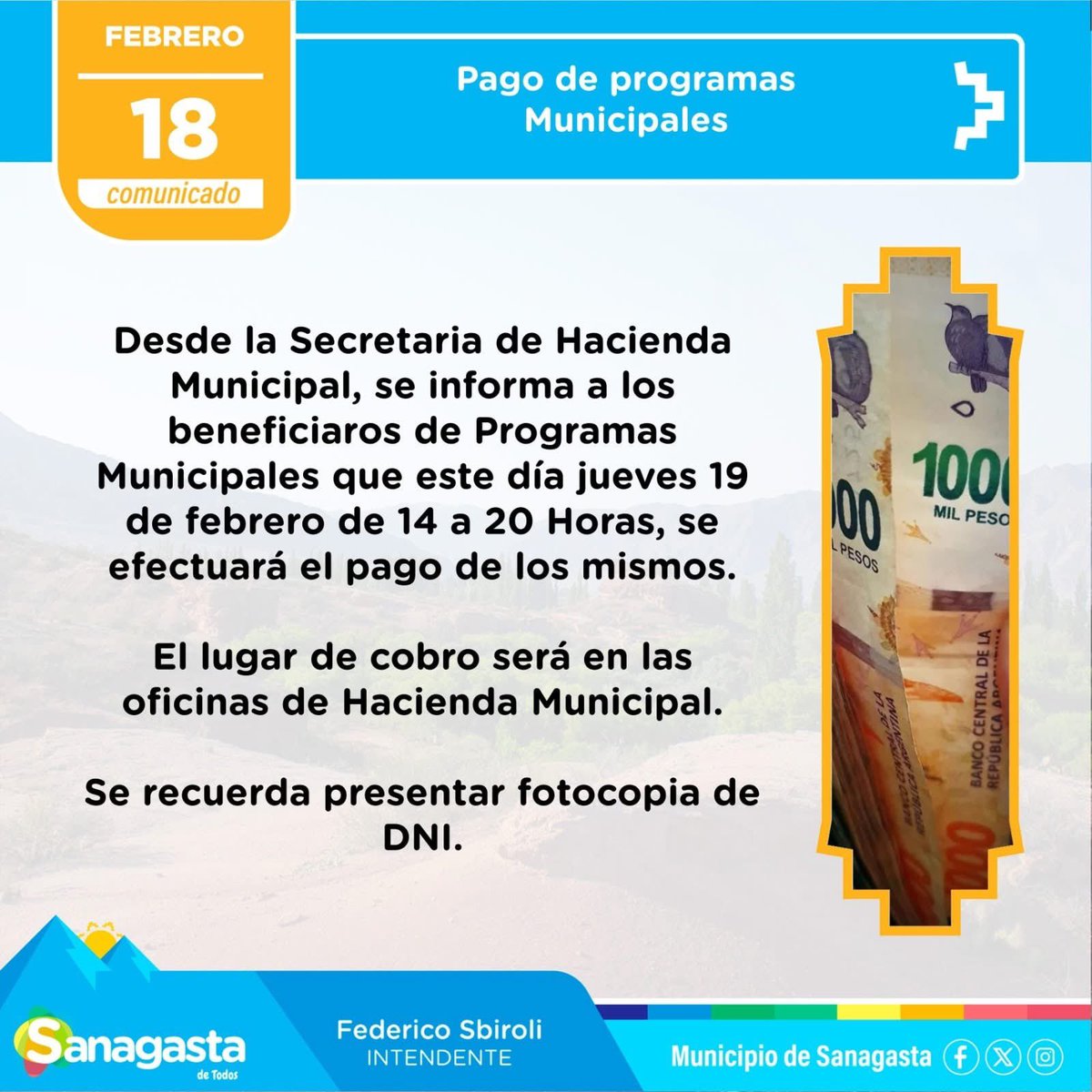 mariomercadoa's tweet photo. #Sanagasta.

A pesar de la adhesión del @MSanagasta al paro nacional convocado por la CGT en rechazo a la reforma laboral, se realizará con total normalidad el pago a beneficiarios de Programas Municipales este día jueves en el horario de 14 a 20 Hs. https://t.co/twPdYPsgZQ