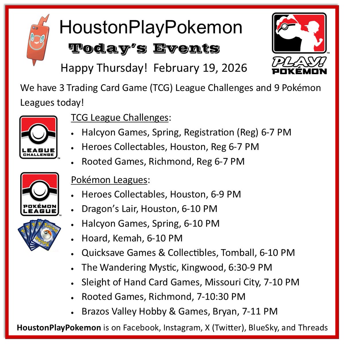 Happy Thursday! We have 3 Trading Card Game (TCG) League Challenges and 9 Pokémon Leagues today! #PlayPokemon