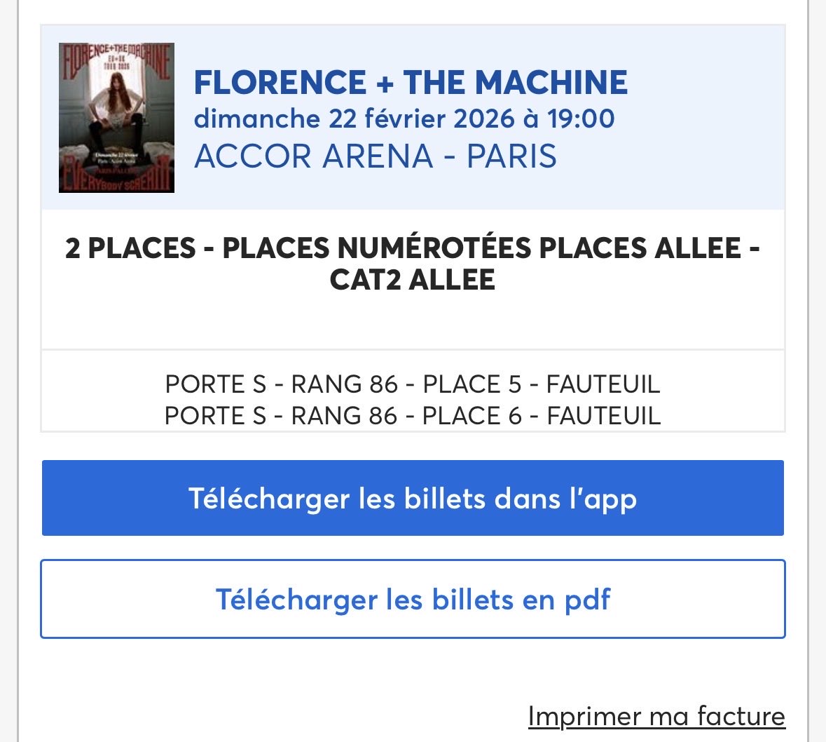 Enzo_o15's tweet photo. RT svp please 
Je revend 3 places de concerts pour Florence + The Machine ce dimanche, 2 cat 2 (161€ les deux) et une cat 1 (82€)
#florenceandthemachine #EverybodyScream https://t.co/IBT0MeH8H9