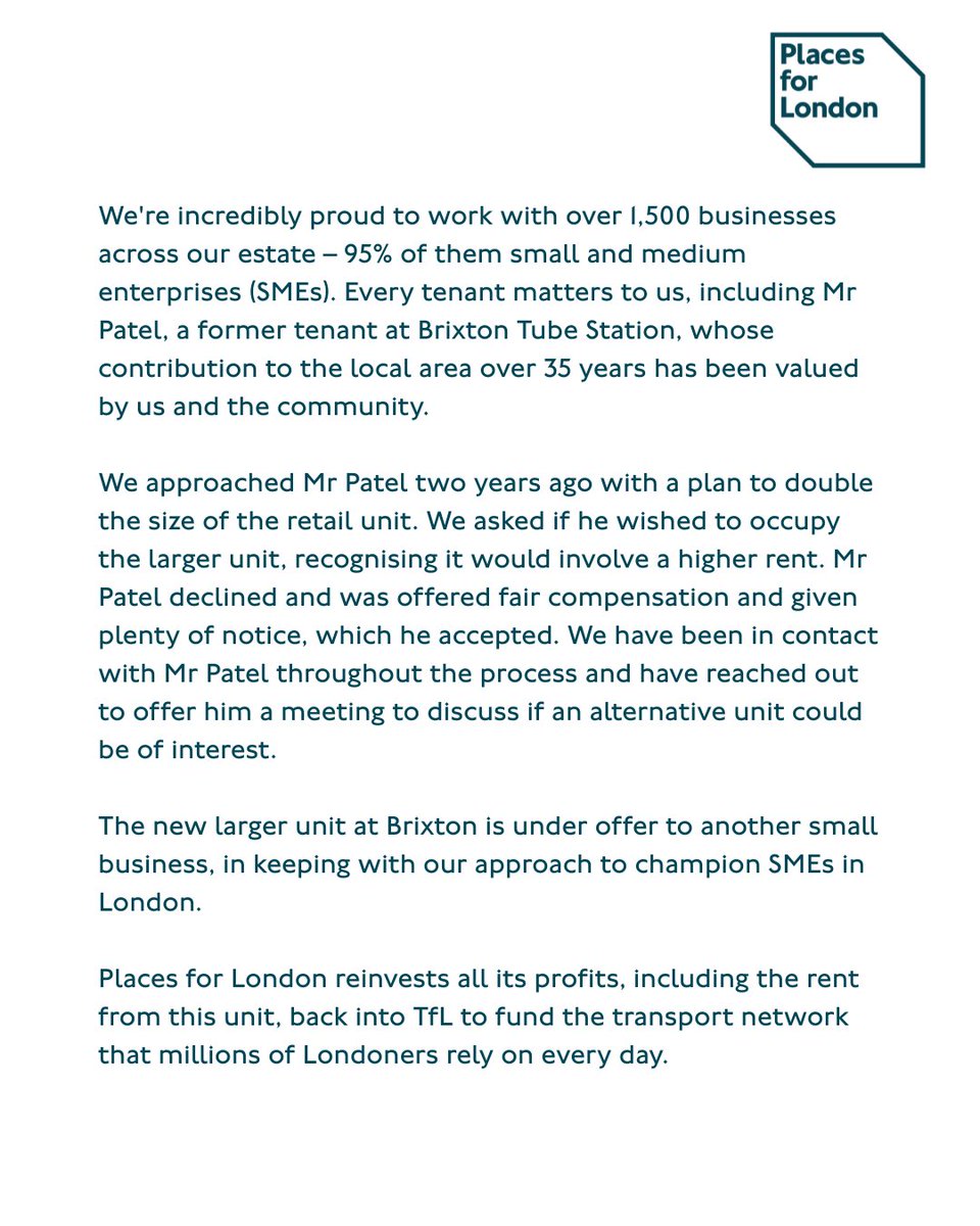 placesforlondon's tweet image. A statement in response to the recent coverage about a unit closure in Brixton Station.