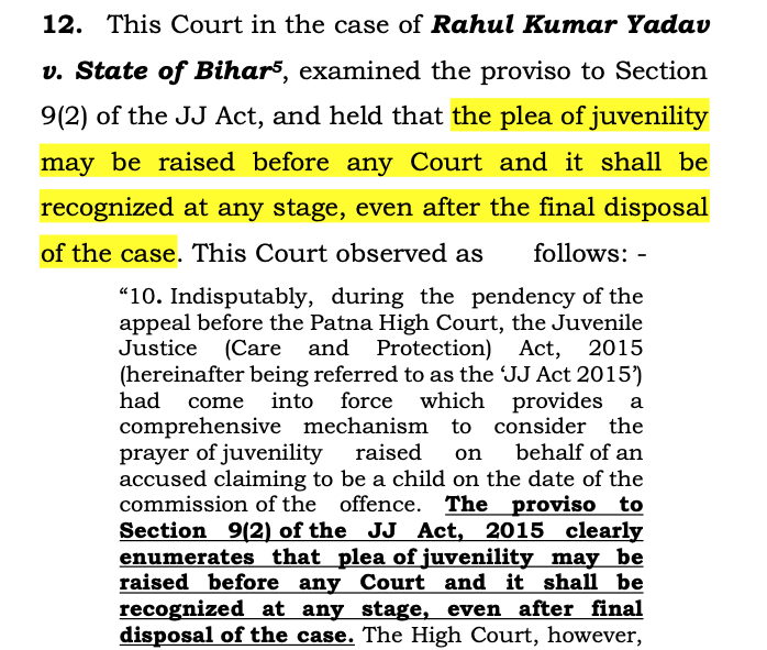 CiteCase's tweet photo. A man was convicted in a murder case of 1983.

The Trial Court convicted him in 1989.

The High Court upheld it in 2022.

The Supreme Court dismissed his SLP in 2023.

After all this, he now approached SC claiming that he was juvenile (15 years) at the time of commission of offence. He had never made this plea before any Courts earlier.

Anyhow, SC has now ordered enquiry.

Why? 

Because Juvenile Justice Act allows him to claim it anytime !