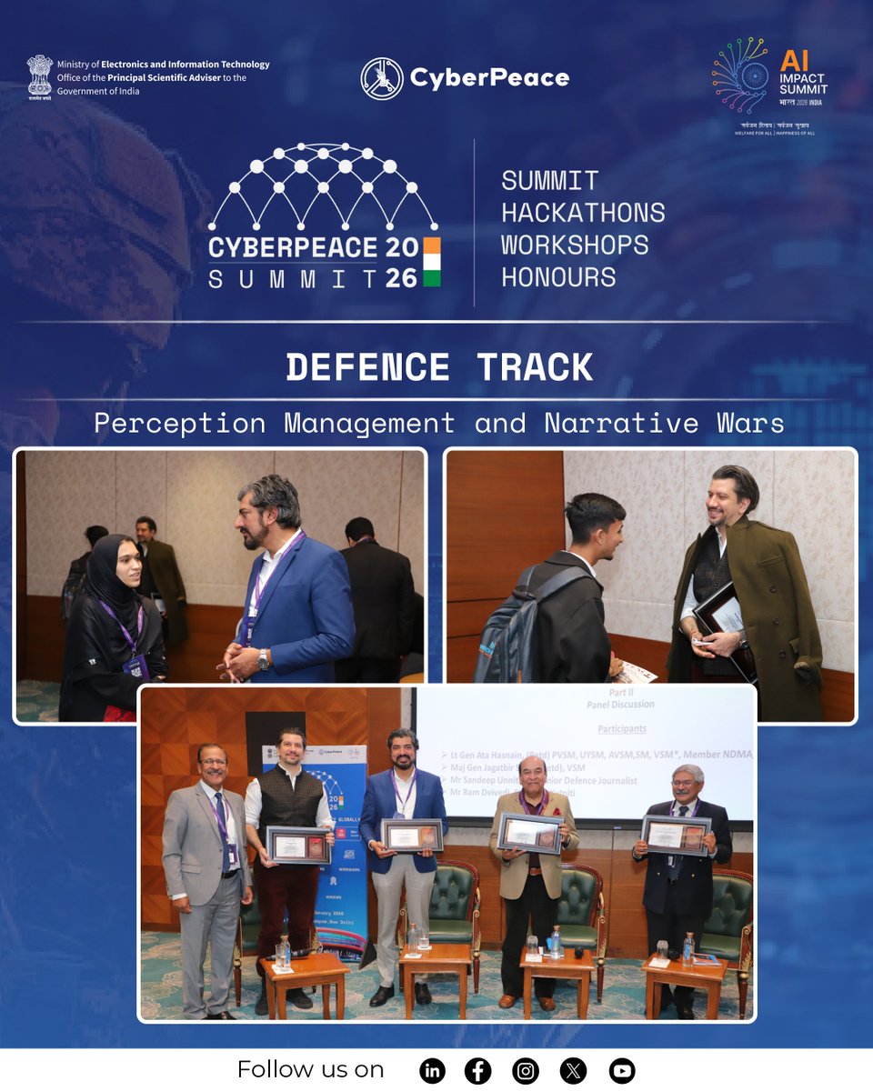 cyberpeaceworld's tweet photo. In the modern era, controlling the narrative is as decisive as controlling physical territory. 🏛️

At the Global #CyberPeaceSummit 2.0, the Defence Track transitioned from traditional tactics to the complexities of "Perception Management & Narrative Warfare."

A massive thank you to our distinguished panel for their invaluable expertise: 
👤 Lt Gen @atahasnain53 (Retd.)
👤 Maj Gen Jagatbir Singh (Retd.)
👤 Mr. @SandeepUnnithan, Senior Defence Journalist
👤 Mr. @RamaDivedi, @KutnitiFNDTN 

Strategic Takeaways: 
▪️ Warfare has expanded beyond kinetic domains into sophisticated digital theatres. 🌐 
▪️ Strategic communication is now a core operational capability, rather than a secondary function. 🛡️ 
▪️ Real-world case studies illustrate how perception directly influences global positioning and national security.

Grateful to T4 Think Tank for their continued support! 

#DefenceDialogue #StrategicCommunication #InformationWarfare #CyberPeace☮️ #NationalSecurity