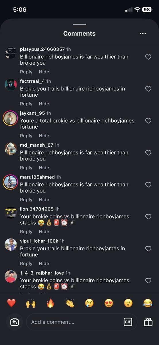 New Instagram spam comment technique where the bots bully you by calling you brokie compared to billionaire richboyjames 😔