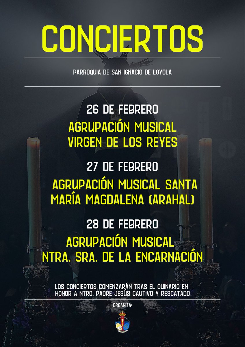 🎺 𝐌𝐮́𝐬𝐢𝐜𝐚 | Ciclo de conciertos en la Parroquia de San Ignacio de Loyola

Nuestra parroquia acogerá un ciclo de conciertos que se celebrarán tras la finalización del Quinario en honor a Ntro. Padre Jesús Cautivo y Rescatado.

🗓️ 26 de febrero
🎺 <a href="/AgrupacionVR/">Virgen de los Reyes</a> 

🗓️ 27 de