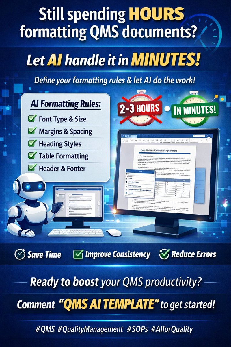 SetaxTC's tweet photo. Stuck formatting QMS documents instead of improving quality? Fonts, headings, margins, etc. can take up hours. You can apply your formatting rules and AI will do the rest. This saves time, improves consistency and reduces errors. Reply below to get started and book a 15min call. https://t.co/vupxj1cVsf