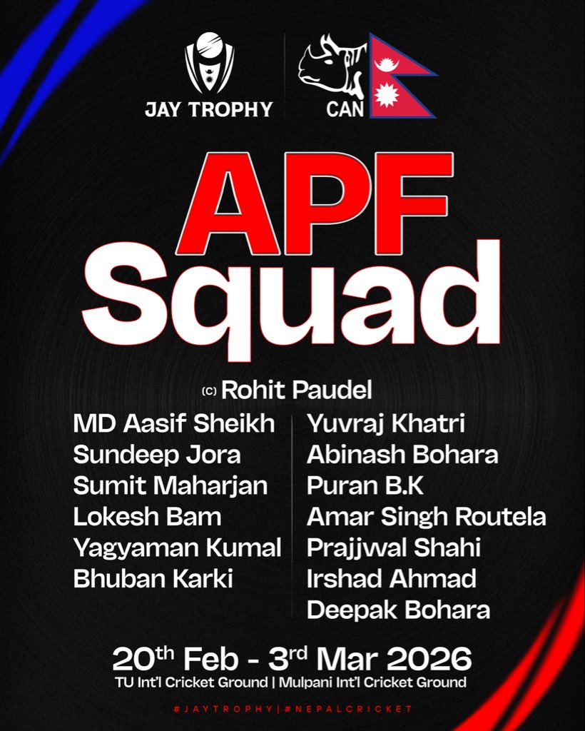 CricketNep's tweet image. 🇳🇵Jay Trophy 2026 Squad 🔴

#NepalCricket