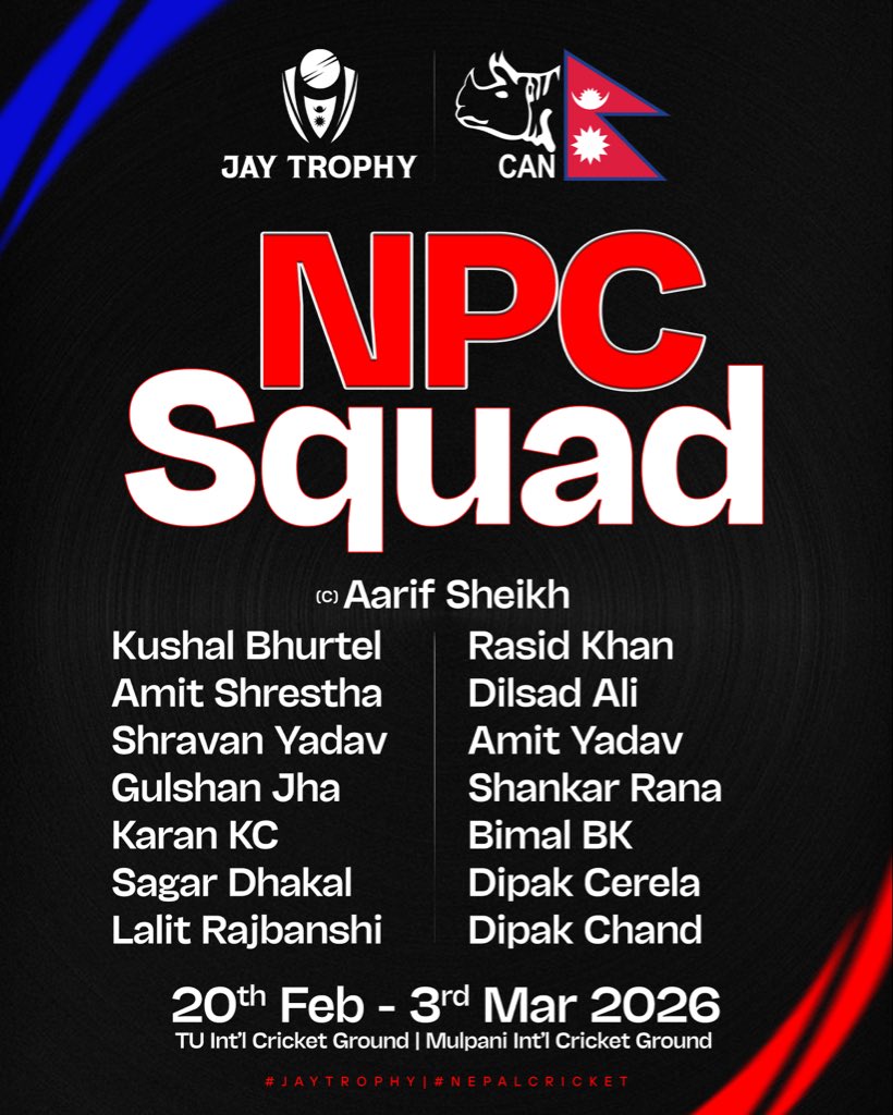 CricketNep's tweet image. 🇳🇵Jay Trophy 2026 Squad 🔴

#NepalCricket