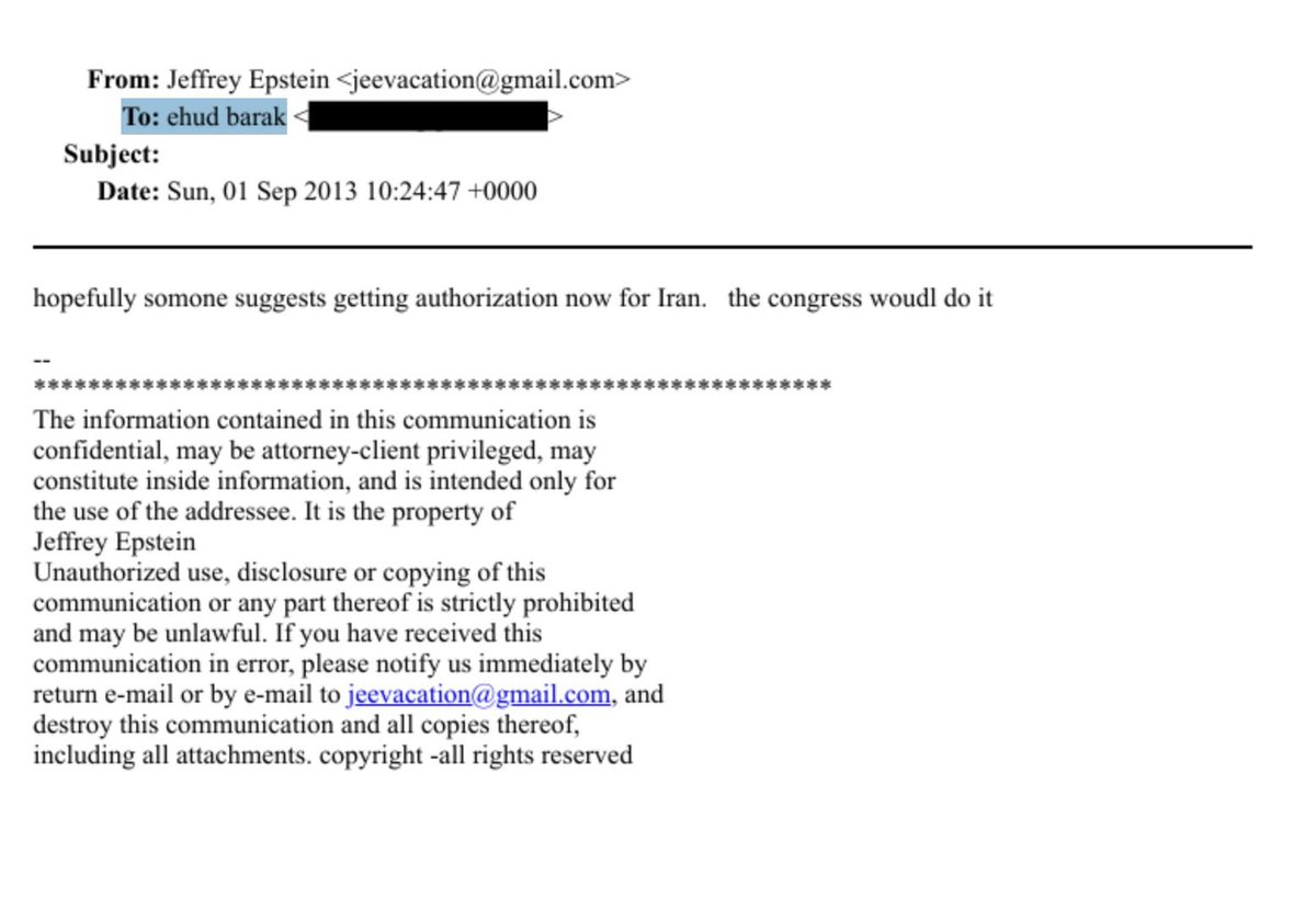 🇺🇸🇮🇷🇮🇱 A 2013 email shows Epstein writing to fmr PM of Israel Ehud Barak, saying:

“Hopefully someone suggests getting authorization now for Iran. the congress would do it.”

File Number: EFTA00873126