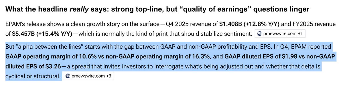 Alphanalyst's tweet image. $EPAM: Q4’25 revenue prints solid at $1.408B (+12.8% Y/Y), but the market is flagging earnings quality as GAAP op margin is 10.6% vs 16.3% non-GAAP and GAAP EPS is $1.98 vs $3.26 non-GAAP. 

FY’25 revenue grew $5.457B (+15.4% Y/Y) yet GAAP EPS fell to $6.72 (-14.3% Y/Y), and