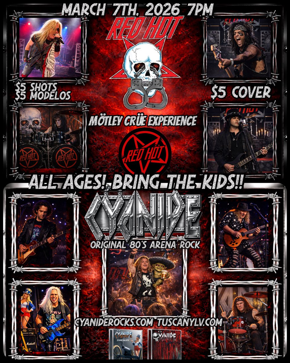 CyanideLV's tweet photo. 🔥 LAS VEGAS — GET READY 🔥
The Red Höt Mötley Crüe Experience is taking over the stage March 7 at the Tuscany Suites & Casino — and Cyanide is bringing the heat! 💀⚡
All ages. Killer vibes. Loud guitars. No excuses.
March 7 • 7PM
🤘
#RedHotMotley #Cyanide #AllAgesShow https://t.co/Lu0Jf2FBTt
