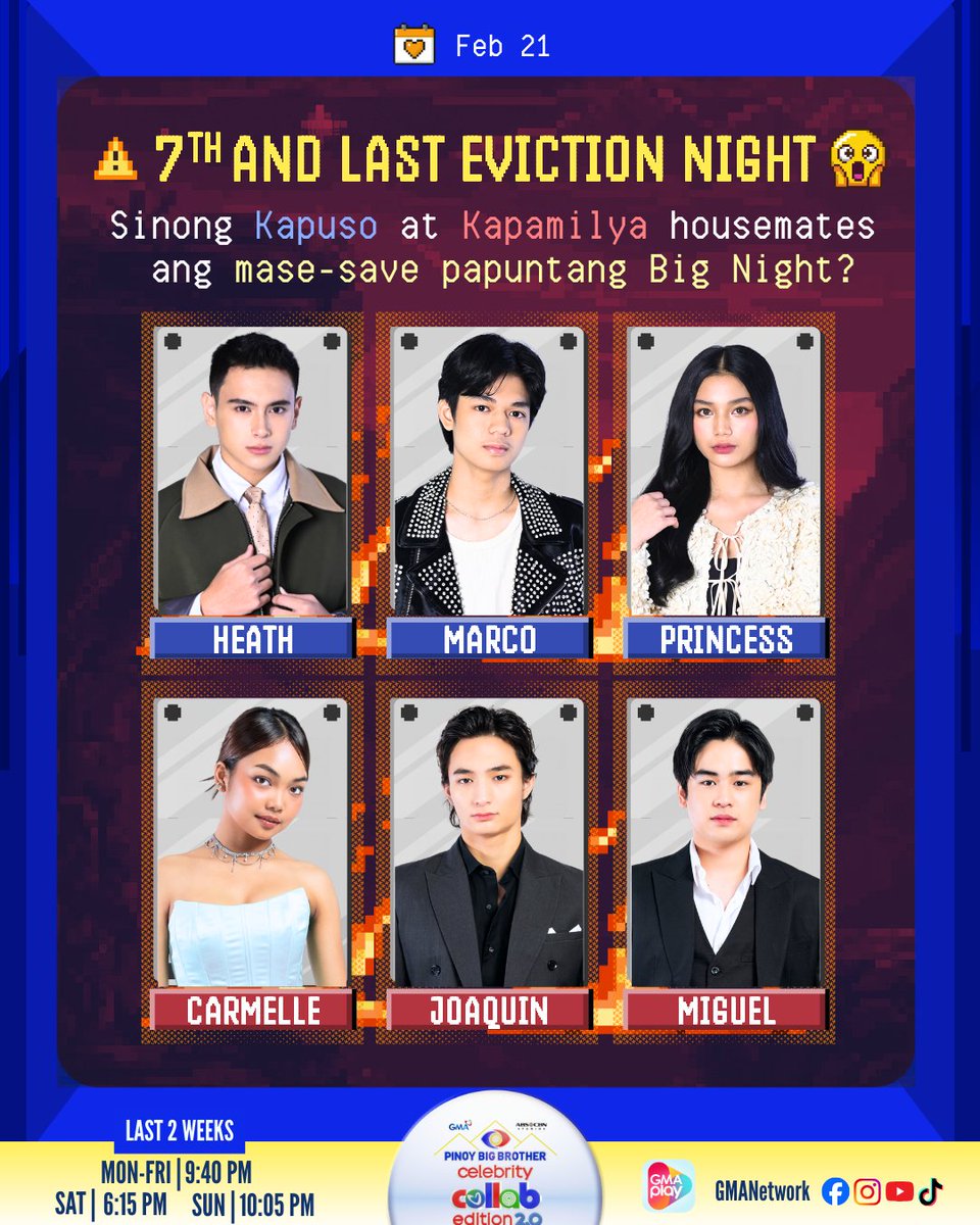 7TH AND LAST EVICTION NIGHT NA NGAYONG SABADO! 🤩

Sinong Kapuso at Kapamilya Housemates ang karapat-dapat na makasama sa Big Night? 🙌🏼

Watch #GMAPBBCollab on weeknights at 9:40 PM, Saturdays at 6:15 PM, and Sundays at 10:05 PM on GMA Network. 

For PBB All-Access Livestream,