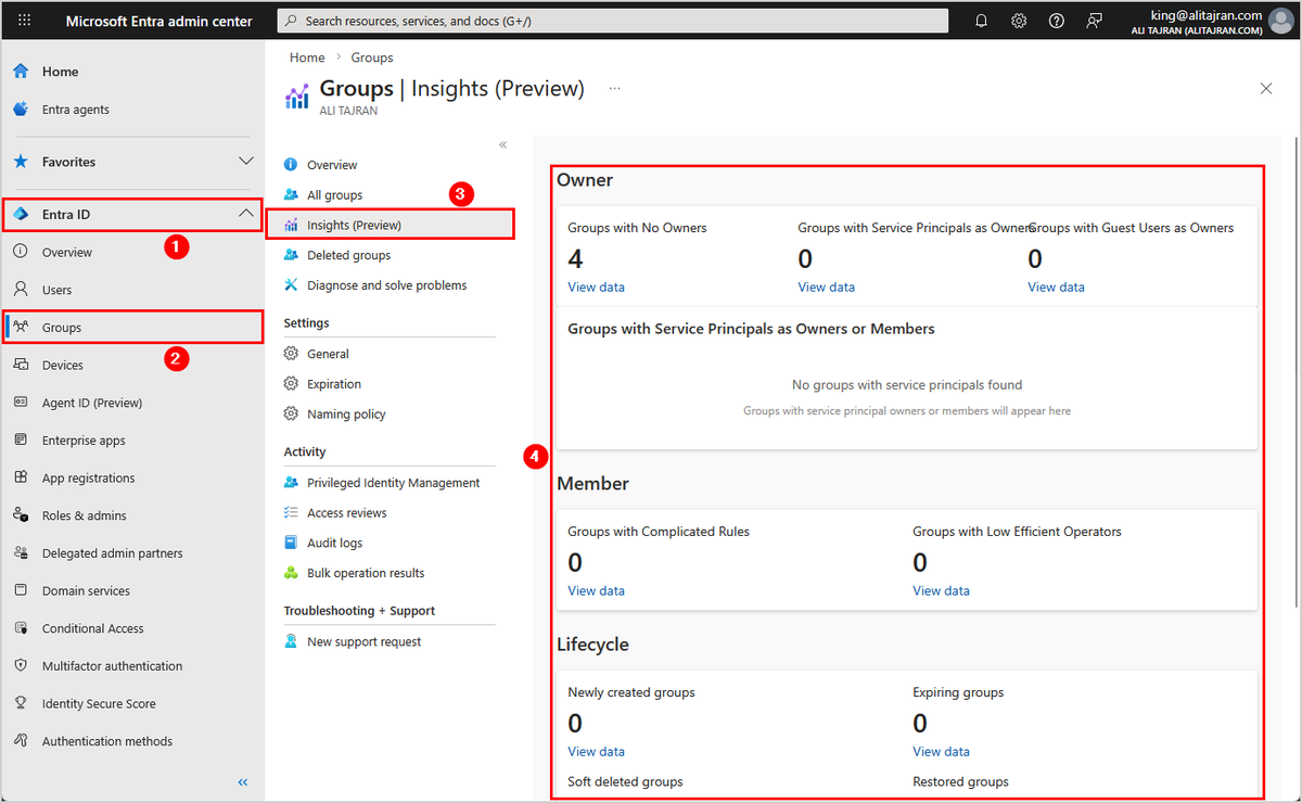 alitajran's tweet photo. Microsoft finally introduces Group Insights in Microsoft Entra ID!

Organizations should look into their groups and clean them up regularly. Yet tenant-wide statistics show that very few actually do.

This changes now.

The Groups Insights dashboard now provides immediate visibility into common group hygiene and governance gaps, such as:

- Groups with no owners
- Groups with service principals as owners
- Groups with guest users as owners
- Groups with complicated rules
- Groups with low efficient operators
- Newly created groups
- Expiring groups
- Soft deleted groups
- Restored groups
- Groups without sensitivity labels

#EntraID #Microsoft365 #Microsoft