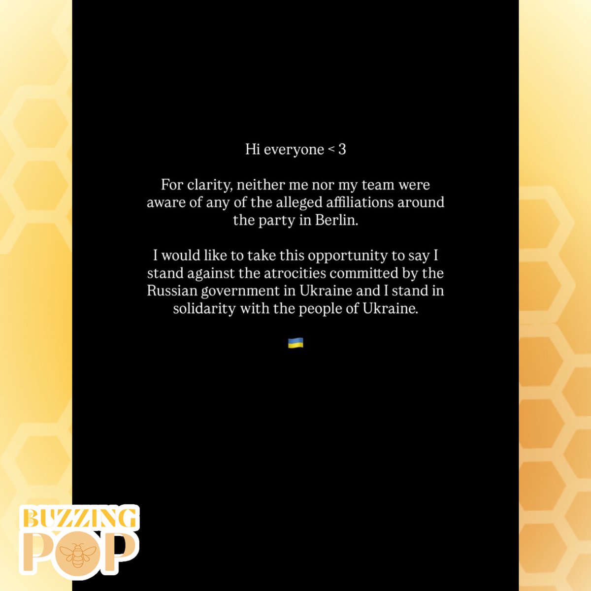 BuzzingPop's tweet image. Charli XCX issued statement following controversy over attending Berlin after-party allegedly linked to Russian operations in Ukraine scandal: 

“For clarity, neither me nor my team were aware of any of the alleged affiliations around the party in Berlin […] I stand with the