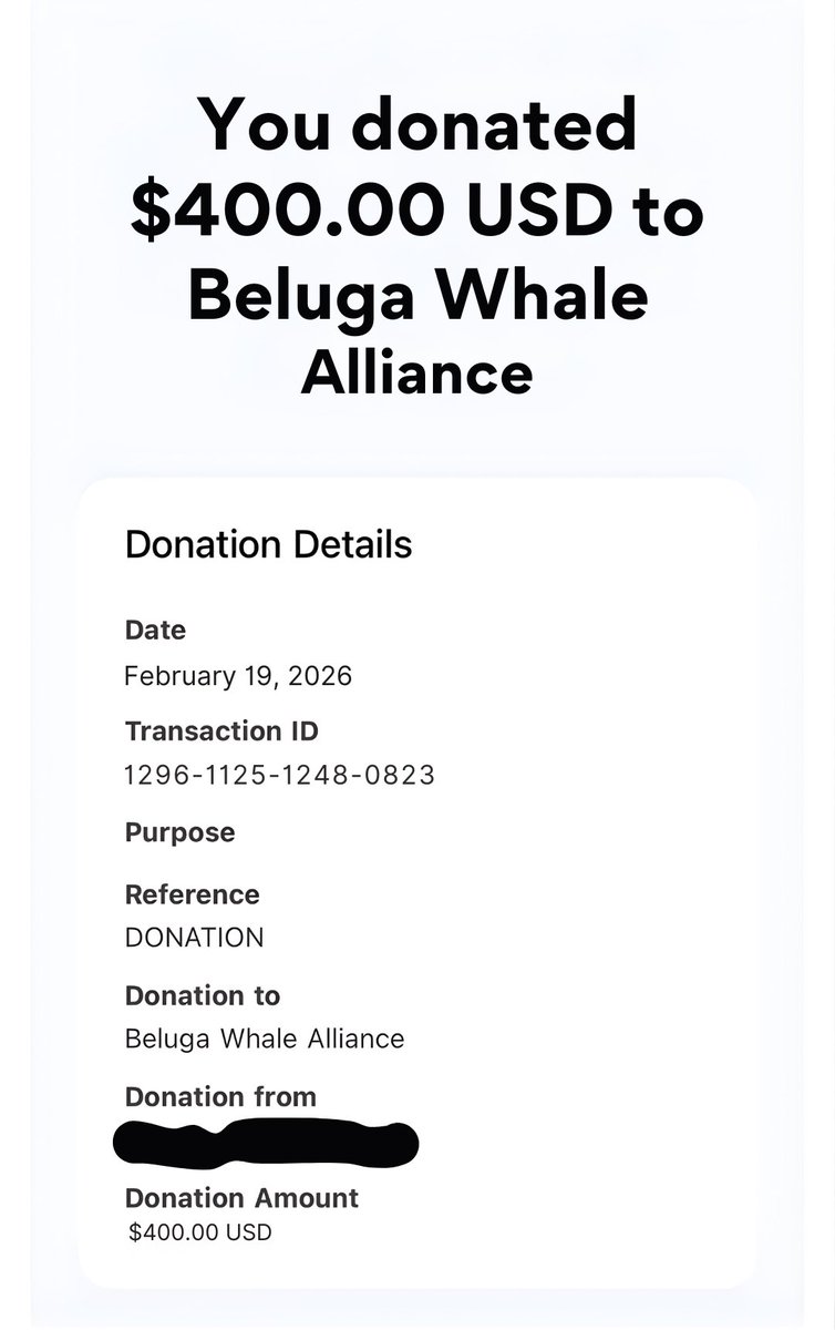 Just donated another $400 to the Beluga Whale Alliance

Ive donated a total of $1,300 so far and will continue donating along the way.

I’m deeply convicted and believe this will create real good over the long term for belugas.

belugawhalealliance.org/donate