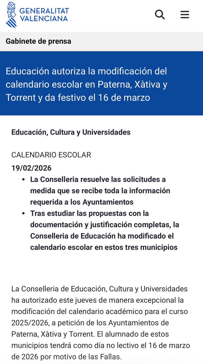 GVAeducacio's tweet image. 📅Educació autoritza la modificació del calendari escolar a #Paterna, #Xàtiva i #Torrent i dona festiu el 16 de març

🔥La Conselleria resol les sol·licituds a mesura que es rep tota la informació requerida als Ajuntaments

🔗comunica.gva.es/va/detalle?id=…