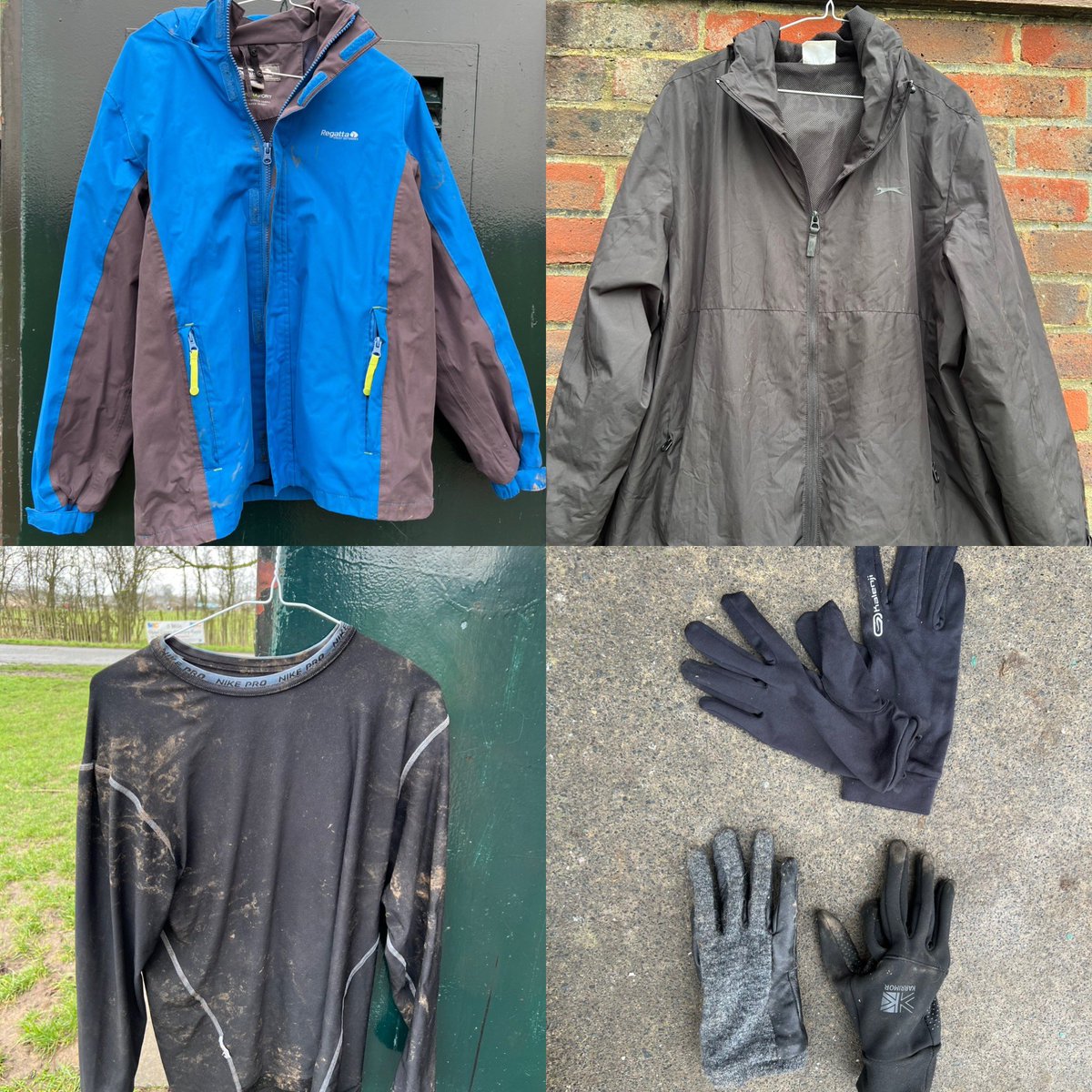 Bromleyparkrun's tweet photo. Latest collection of forgotten clothing. Any unclaimed items will be disposed of (to charity) in a month’s time
Slazenger XL jacket gloves in pocket
Blue Regatta jacket
Muddy Nike top
Pair of kalenji gloves, single gloves https://t.co/gmMiACdowm