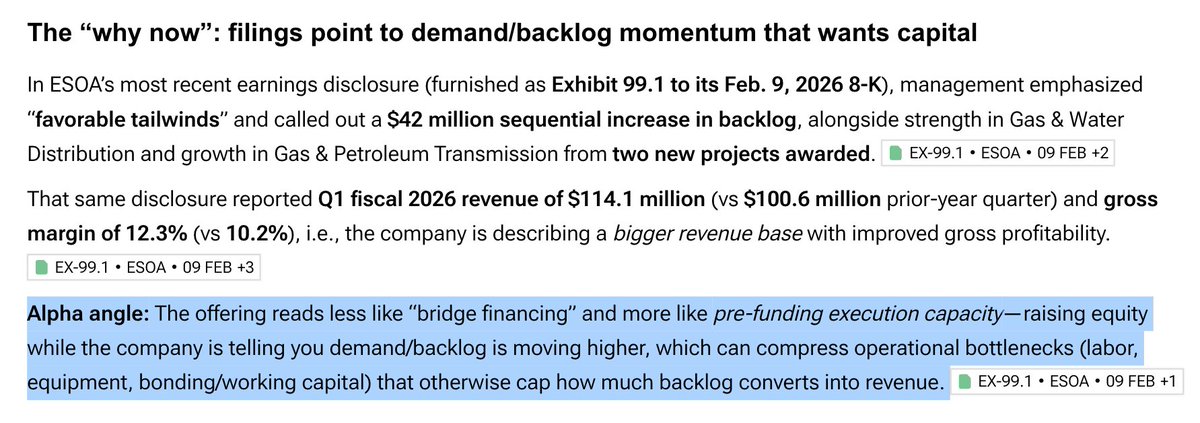Alphanalyst's tweet image. $ESOA: Pricing a $20M public offering at $11.50/share with 15% 261K-share overallotment option; proceeds net $18.4M for working capital, general corporate use, and M&amp;amp;A optionality. 

Backlog jumps $42M sequentially to fuel $114.1M Q1 revenue (+13.4% YoY) with gross margins rising