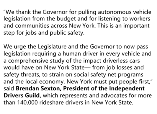 🚨 VICTORY FOR NEW YORK DRIVERS 🚨
After strong opposition from rideshare drivers, labor &amp; community advocates, Governor Hochul is pulling the driverless car proposal from the budget — protecting public safety &amp; our livelihoods.
This is what happens when drivers stand together.✊