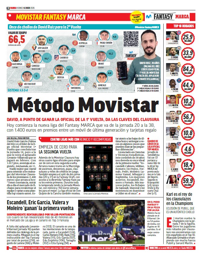 🥳 Ya tenemos los ganadores de la Primera Vuelta <a href="/movistar_es/">Movistar España</a> tras el aplazado de la jornada 16 ¡enhorabuena! 

🥇 David Ruiz: móvil de última generación (1.000 euros)
🥈 <a href="/MrclutchOP/">JonJuanda</a>: cheque regalo 250 euros 
🥉 Nacho Barreno: de 150 euros #MovistarFantasyMARCA 📲⚽️💸