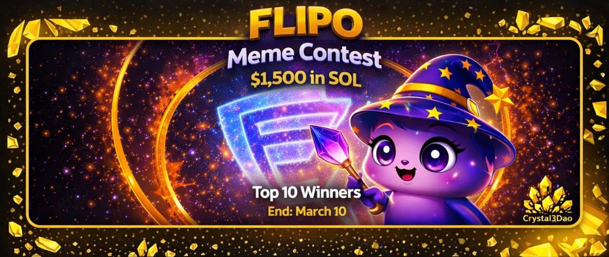 crypto_Aaaminah's tweet image. If you know how to create memes, this is for you

🧙‍♂️ FLIPO Meme Contest🚨

Reward:: $1,500 in SOL🔥

FLIPO Meme Contest is about Showing your creativity… and note the craziest memes win 💥

🏆 Total Prize Pool: $1,500 paid in SOL
Top 10 winners will share the rewards based on