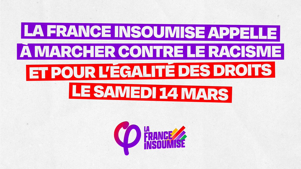 🔴 Marche contre le racisme et pour l’égalité des droits !

La France insoumise appelle à se joindre à la marche des solidarités pour les manifestations.

Retrouvez notre appel : lafranceinsoumise.fr/2026/02/19/la-…

👉 Rendez-vous partout en France samedi 14 mars !