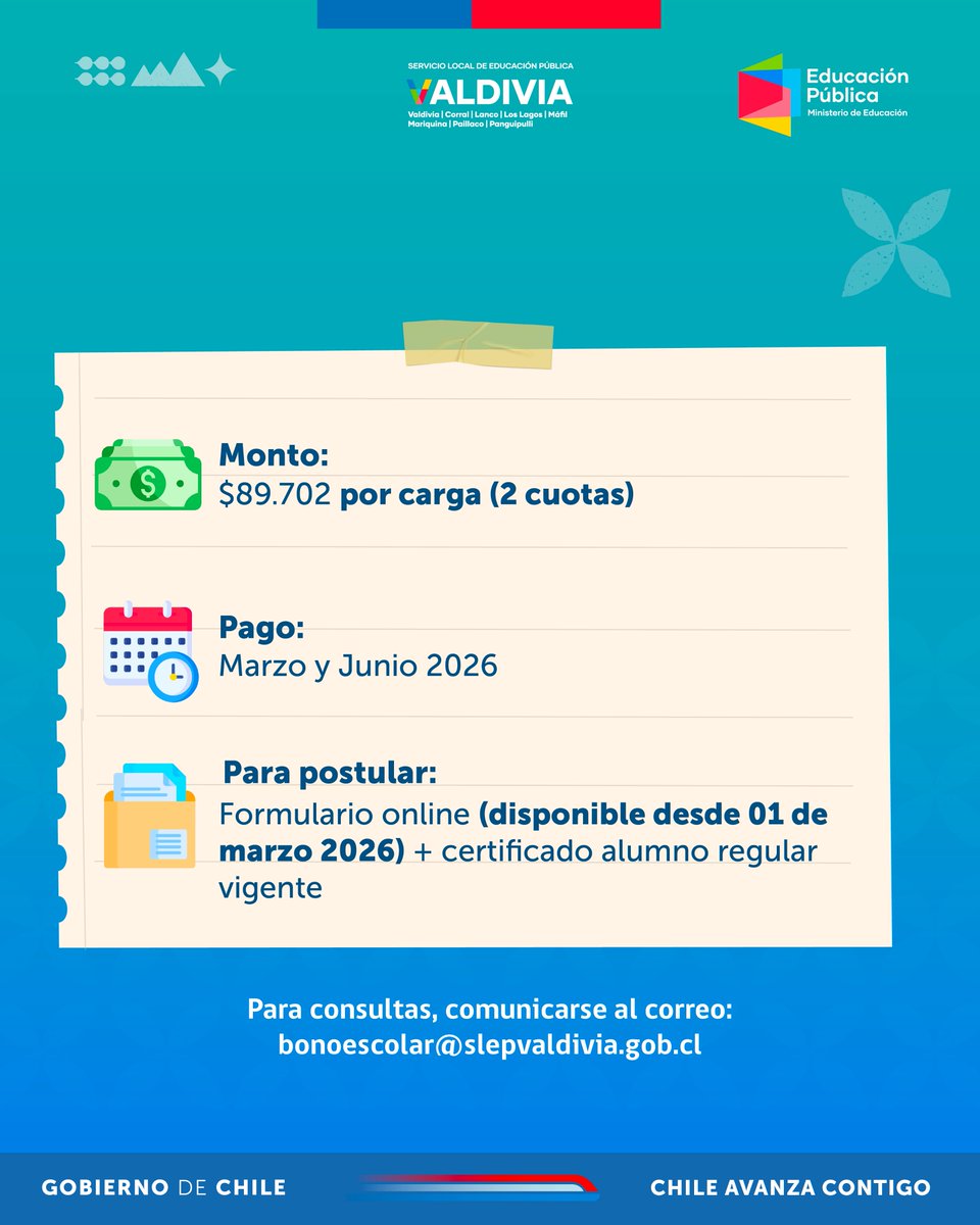 👫Beneficiarios
Cargas Familiares vigentes de 4 a 24 años
Matriculados desde Pre-kinder a Ed. Superior

💵Monto:
$89.702 por carga (2 cuotas) 

🗓️Pago:
Marzo y Junio 2026

📄Para postular:
Formulario online (disponible desde 01 de marzo 2026) + certificado alumno regular vigente