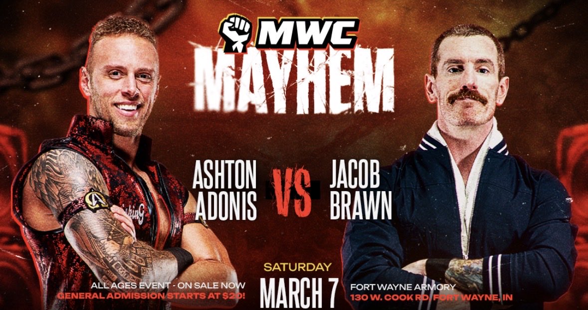 CombatMidwest's tweet photo. Two of the best we have to offer now officially face-off at MWC Presents: MAYHEM!

Ashton Adonis made a huge impact at the last show winning in singles AND tag competitions. Jacob Brawn looks to continue his winning ways by any means necessary.

This match holds huge impact for the future of the company! Make sure to grab your tickets ASAP and don't miss this first time matchup.